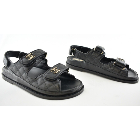 Chanel REV Black Caviar Gold CC Logo Mule Slide Strap Flat Teva Dad Sandal 36.5 - Picture 3 of 12